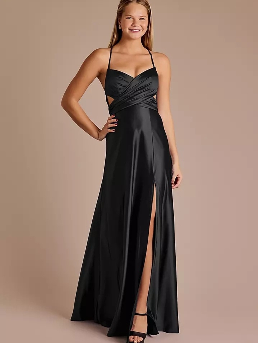 Jules And Cleo Black Satin Spaghetti-Strap Formal Dress, Size 12, Side Slit